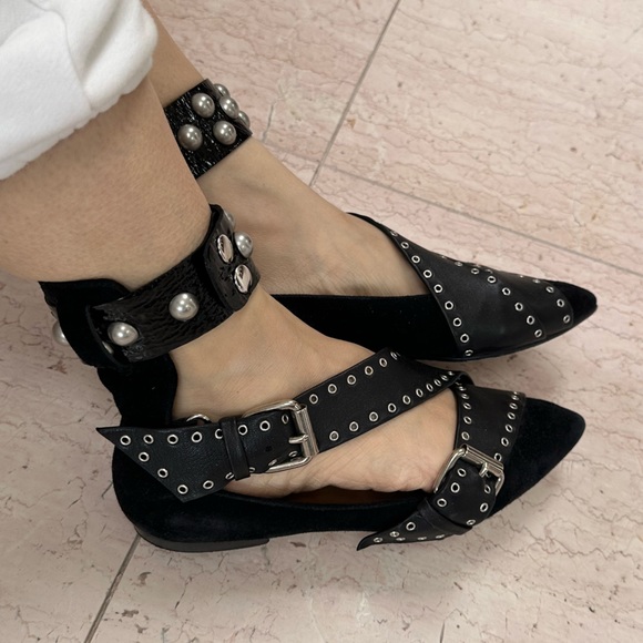 Isabel Marant Black Suede Eyelet Studded Ankle Wrap Linzy Flats - Picture 10 of 16
